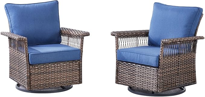 Outdoor Patio Rocking Swivel Chairs - 2PC Wicker Patio Furniture Rocker Chair Set,Rattan Glider Chair with Sturdy Frame,All-Weather PE Wicker and Cushions for Deck Porch Balcony(Brown/Blue)