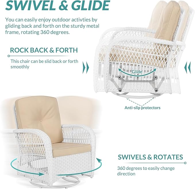 MEETWARM 3 Pieces Outdoor Wicker Swivel Rocker Patio Set, Rocking Chairs Rattan Patio Furniture Sets with Thickened Cushion and Glass-Top Coffee Table, Conversation Bistro Set, White/Beige