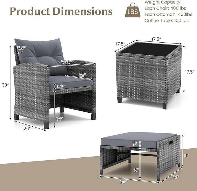 KOTEK 5 Pieces Patio Furniture Set with Ottomans, Wicker Patio Conversation Set with Coffee Table & Cushions, PE Rattan Outdoor Lounge Chairs for Backyard, Porch, Poolside (Mix Grey- Grey)