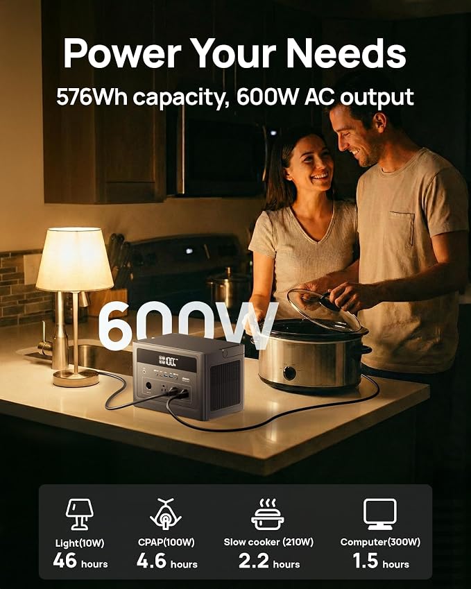 DaranEner 576Wh Solar Generator 600W, Portable Power Station with 100W USB-C PD Output, 110V Pure Sine Wave AC Outlet Backup LiFePO4 Battery for Outdoors Camping, Home, Emergency, RVs (Peak 1200W)