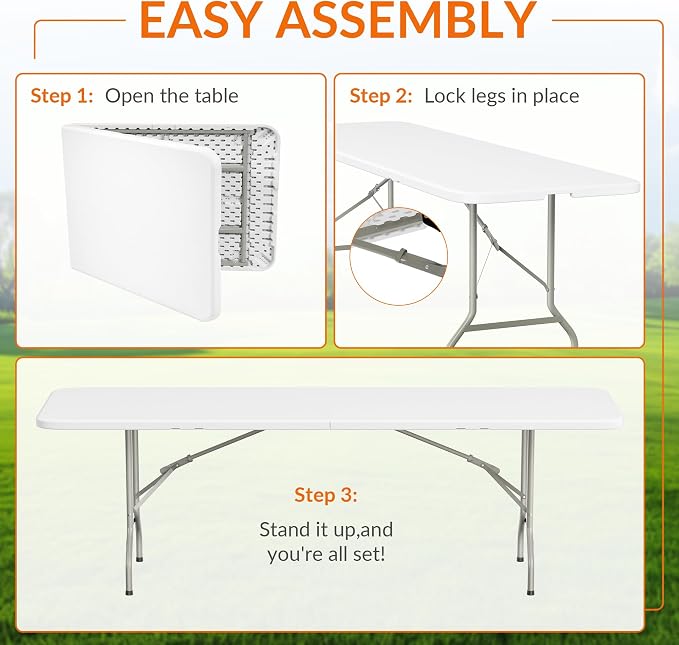 Elevon Folding Table Set with 8 Black Folding Chairs,8 Feet Heavy Duty Fold-in-Half Utility Table Sets for Picnic, Event, Training, Outdoor Activities, at Home and Commercial Use