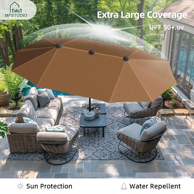 MFSTUDIO 13ft Outdoor Patio Umbrella, Double Sided Large Rectangular Umbrella Market Table Twin Triple Rectangle Umbrellas with Crank Handle for Outside Picnic Backyard Deck Pool (no base)