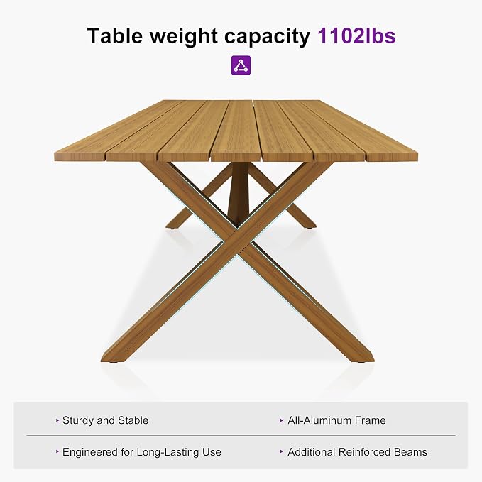 PURPLE LEAF Patio Dining Set for 8 All-Weather Wicker Woodgrain Aluminum 9 Piece Outdoor Table and Chairs Set Included Cushions for Backyard Indoor Decor Kitchen Outdoor Furniture Set Teak Color