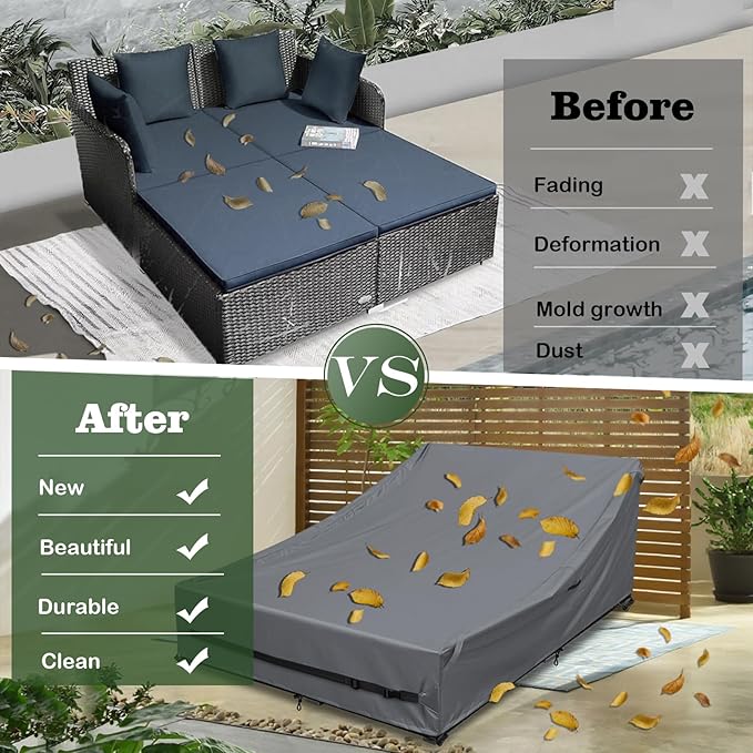 Outdoor Rattan Daybed Cover Heavy Duty 600D Weather-Resistant Waterproof Patio Furniture Sofa Cover 63"L x 54"W x 28"H UV Resistant Anti-Fade Material,Patio Rattan Daybed Sofas Protection Covers,Grey