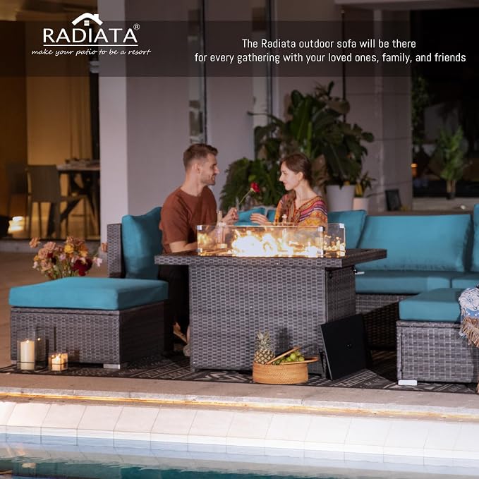 RADIATA 9 Piece Wicker Patio Furniture Set with Fire Pit, All-Weather Outdoor Sectional Couch High Back Large Size, Modular Backyard Seating Sofa Set with Propane/Natural Gas Firepit Table, Grey&Teal