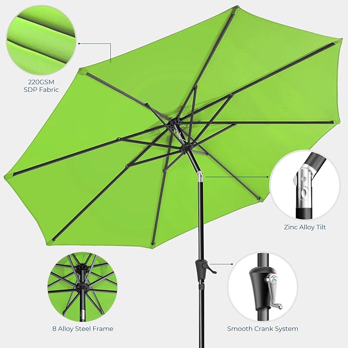 HOMSHADE 9ft Outdoor Patio Umbrella - Market Table Pool Deck Umbrella UPF50+ UV Protection with Push Button Tilt, Crank and 8 Sturdy Ribs (Green, No base)