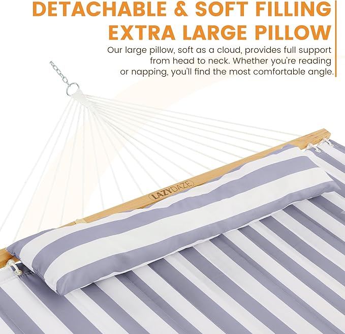 Lazy Daze Hammocks 12FT Quilted Fabric Double Hammock with Spreader Bars and Detachable Pillow, 2 Person, 450 lbs Capacity, Gray White