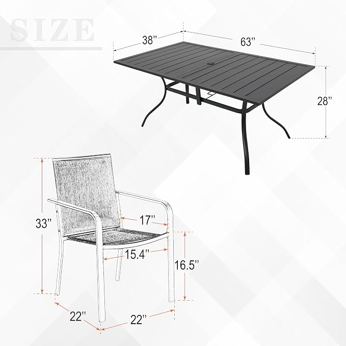 Anmutig 7-Piece Patio Dining Set, Outdoor Furniture Set of 6 Navy Stackable Dining Chairs and Rectangular Metal Table with Umbrella Hole for Outdoor Kitchen Lawn Garden,Bistro,Deck, Navy