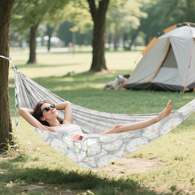Camping Hammock Outdoor Hammocks for Outside White Camellia Flowers Beach Trees Portable Lightweight with Pockets Tree Straps Indoor