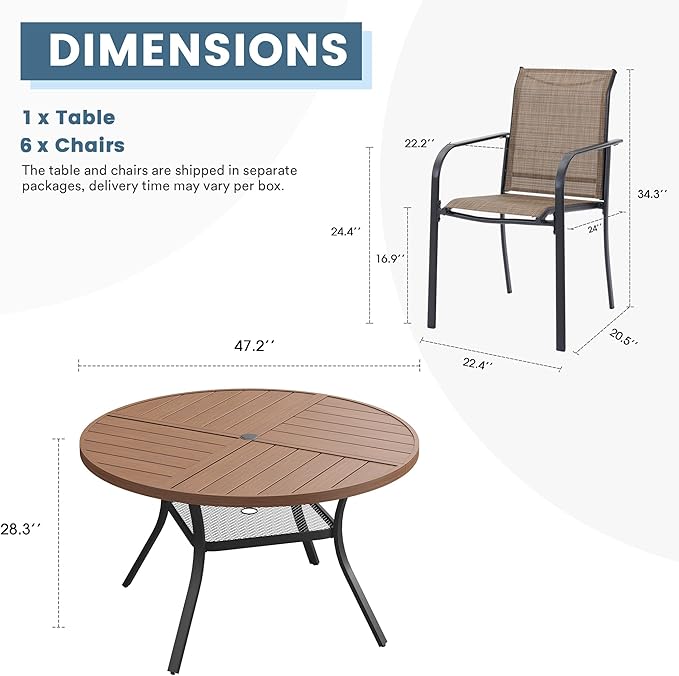 DIFY 7 Pieces Outdoor Patio Dining Set for 6, 47.2" Walnut Round Metal Dining Table and 6 Brown Stackable Sling Dining Chairs, Outdoor Table and Chairs for Lawn Garden Backyard Deck