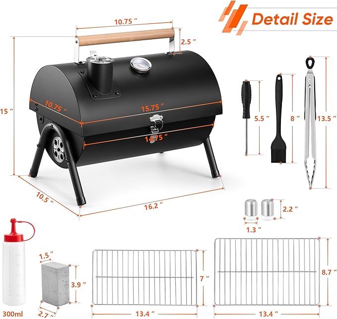 Portable Charcoal Grill with Basic BBQ Tools, HaSteeL Compact Tabletop Barbecue Grill with Thermometer, Small Smoker for Outdoor Camping Backyard Beach BBQ, Thick Steel, Easy to Assemble