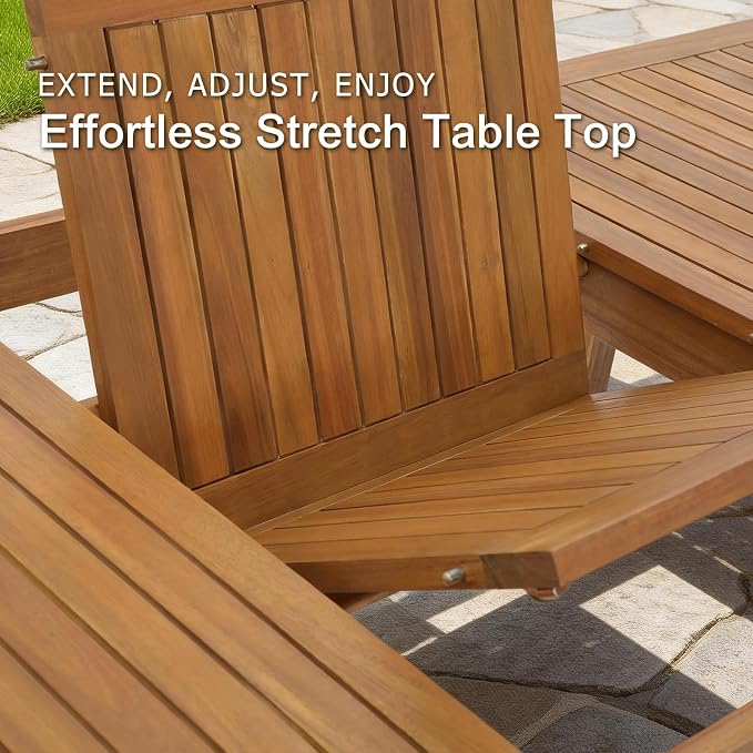 SUNSITT 7-Piece Outdoor Patio Dining Set, 59" - 79" Acacia Wood Expandable Outdoor Table Set and 6 Curved Patio Arm Chairs w/Removable Cushions for Backyard, Porch, Deck
