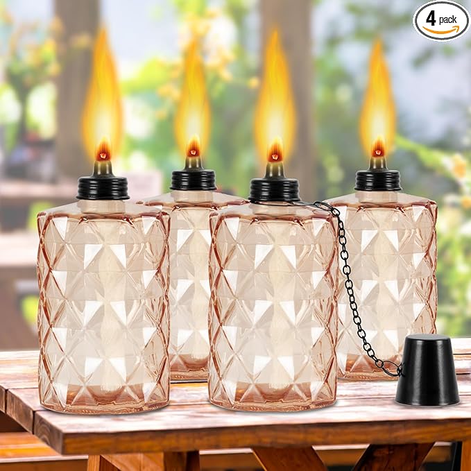 Glass Table Top Torch, Outdoor Torch Canisters 12 oz,Refill Canister with Wicks and Covers, Patio Metal Torch for Luau Party, DIY Garden Decor (4 Packs) (Orange)