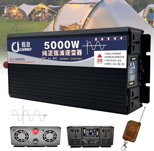 Pure Sine Wave Inverter 3500W/5000W/6000W/8000W/10000W/12000W Solar Power Inverter 12V 24V 48V 60V 72V DC to 110V 120V/220V 230V 240V AC Car Voltage Converter Transformer for Home RV(5000W,24Vto220V)