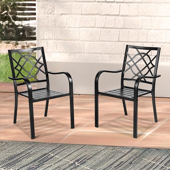 SUNCROWN 2 Pieces Wrought Iron Black Chairs 300 Lbs Outdoor Dining Chairs, Patio Metal Stackable Chair with Armrest for Backyard, Garden, Poolside