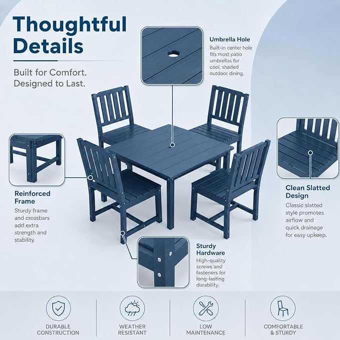 HDPE Outdoor Dining Set for 4, Square Table & Chairs Set | • All-Weather Polywood Composite • 410 lbs Heavy-Duty Support • Built-In 2" Umbrella Hole • Easy Soap-Water Wash