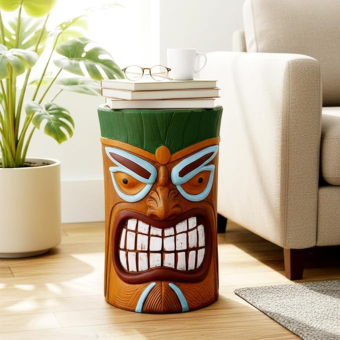 Tiki Outdoor Side Table, 20 Inch Fiber Reinforced Concrete Patio End Table, Decorative Garden Statue Stool with Wood Grain Tribal Mask Design for Garden, Porch, Poolside, Deck