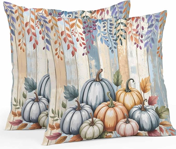 Orange Pumpkins Outdoor Waterproof Pillow Covers, Eucalyptus Leaves Wood Grain Country Rustic Decorative Square Throw Pillowcase Sofa Cushion Sham for Patio/Couch/Chair, 24"x24" 2 Pack