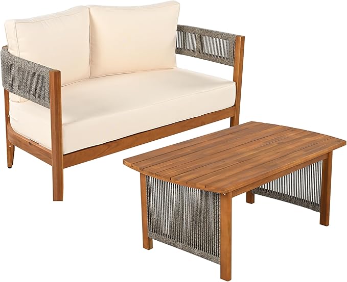 Christopher Knight Home Quixley Outdoor Acacia Wood Loveseat and Coffee Table Set with Cushions, Wooden Patio Conversation Set with 2 Seater Couch+Coffee Table, Chat Set for Balcony Garden, Teak+Beige