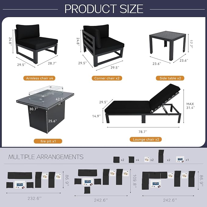 BULEXYARD 11 Piece Modern Aluminum Outdoor Patio Furniture Set with Lounger & Fire Pit Table, Extra Large All-Weather Modular Sectional Couch, 29" Wide Deep Seating Conversation Sofa for Garden, Black