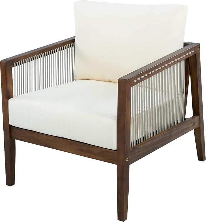 Christopher Knight Home Lalulu 4-Seater Patio Furniture Set with Cushion, 4 Piece Outdoor Acacia Wood Conversation Set, Sold Wood Outdoor Sectional Sofa Set with Coffee Table, Dark Brown+Beige