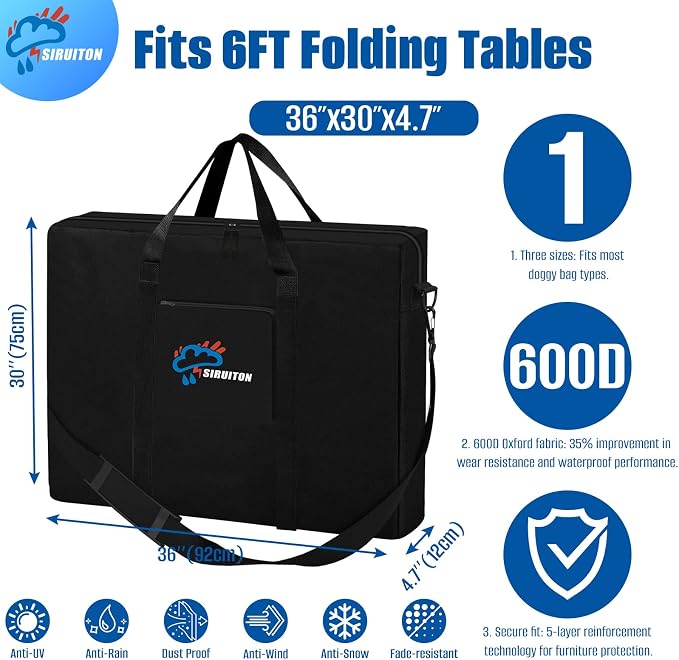 SIRUITON 2Pack Folding Table Storage Bag Fits 6FT, Portable 600D WaterProof Carry Bag for Folding Picnic/Camp Tables with Reinforcing Plate & Shoulder Strap, 36" D x 30" W x4.5 H