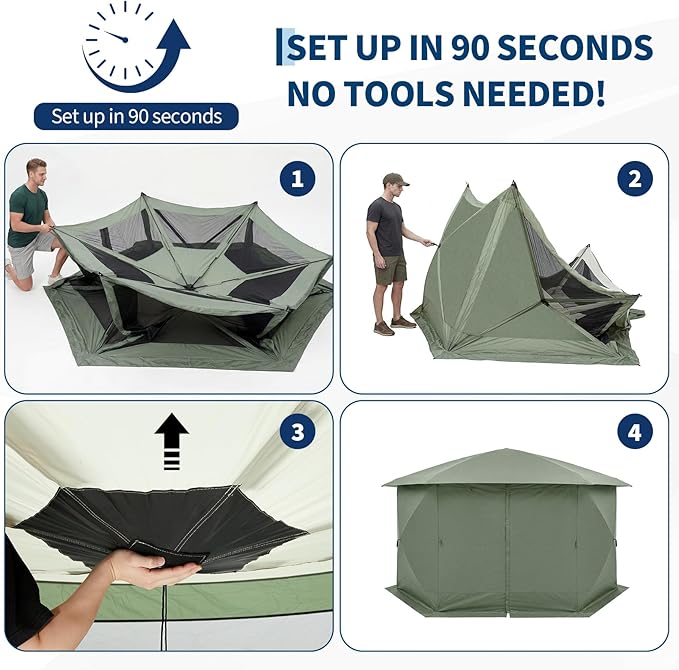 GarveeHome 13x13FT Pop Up Gazebo Screen Tent, 6-Sided Canopy with Detachable Eaves & Starry Sky Top, 210D Oxford Water-Proof Instant Shelter with Mosquito Netting for Backyard Camping, Green & Gray