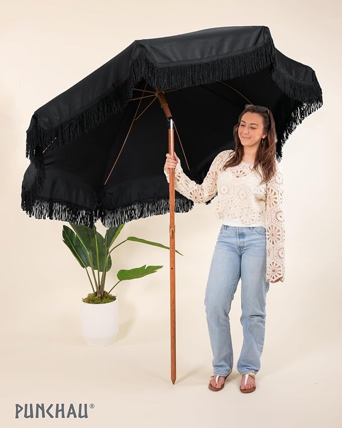 6 Ft Fringe Patio Umbrella - Outdoor Umbrella for Patio, Pool, Table, Garden, Deck, Beach, and Outdoors - Fashionable Boho Vintage Tassels & Wood Print - Push Button Tilt Pole