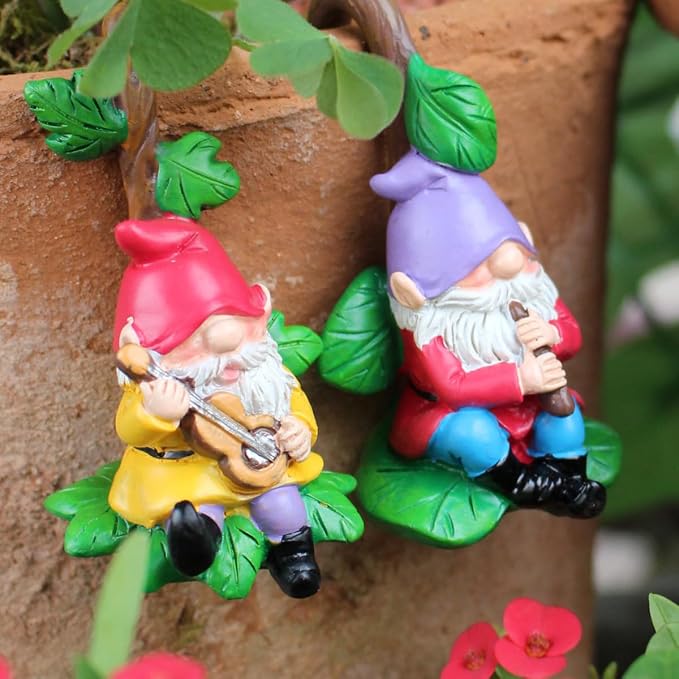 Set of 3 Cute Climbing Gnome Figurines Flower Pot Hugger, Resin Hanging Gnomes Statue Outdoor Decor Fence Ornaments for Patio Lawn Garden Yard (Music Gnome)