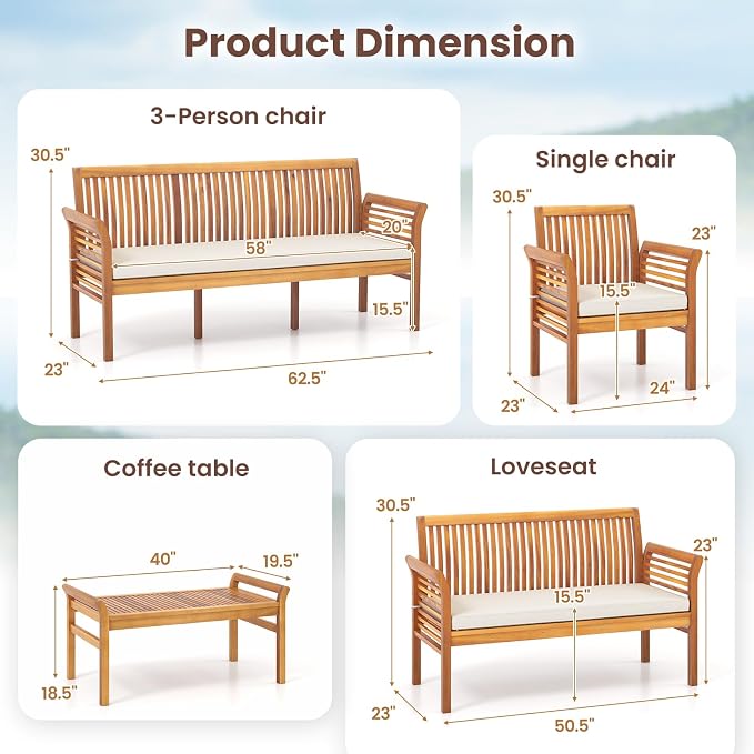 RELAX4LIFE 5-Piece Patio Furniture Set - Acacia Wood Sofa Set w/3-Person Bench, Loveseat, 2 Chairs, Coffee Table & Cushions, Balcony Furniture for Garden Poolside Yard Porch, Outdoor Conversation Set