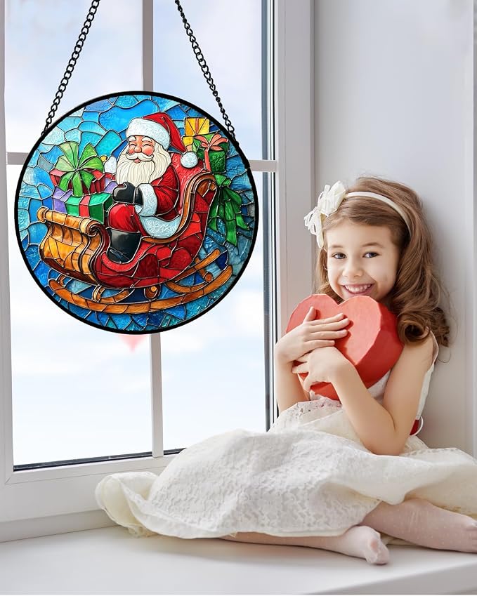 DASTOLL Stained Glass Window Hanging - Red Santa Claus Gift Box Suncatcher for Doors Home Christmas Decoration Winter Sun Catcher Thanksgiving New Year Birthday Gift for Women Men Mom Nana 9.8 in