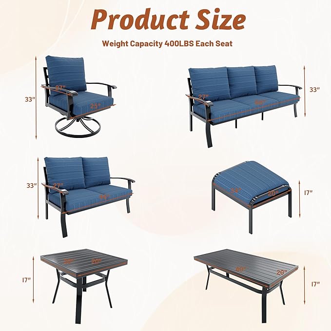 HOMREST Outdoor Furniture Thickened Cushion 360 Degree Swivel Rocking Patio Chairs and 3-Seat Sofa, Loveseat, Coffee Table, 5 PCS Metal Conversation Set for Garden, Deck and Poolside