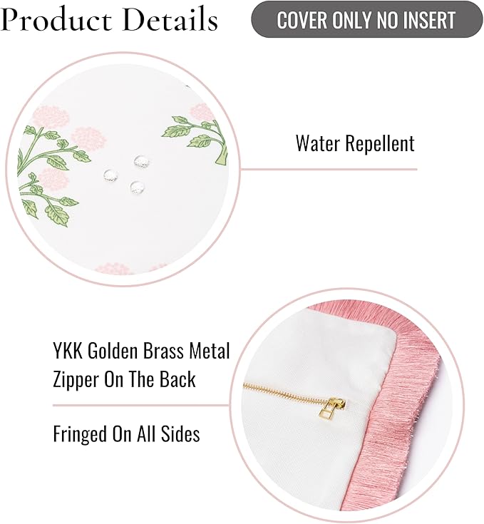 Hofdeco Premium Grandmillennial Patio Indoor Outdoor Lumbar Pillow Cover Only, 12"x20" Water Repellent for Backyard, Couch, Poolside, Blush Pink Green Print Hydrangea Flowers