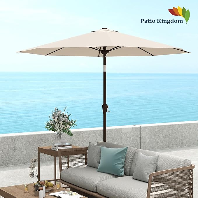 9FT Patio Umbrella Outdoor Table Umbrella w/Push Button Tilt and Crank, 8 Sturdy Ribs, UV Resistant Waterproof Market Umbrella for Pool, Deck, Backyard, Garden, Creamy White