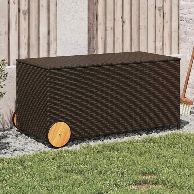 Modern Garden Storage Box Brown with Wheels Medium Rolling Outdoor Storage Box for Cushions Blankets and Pillows
