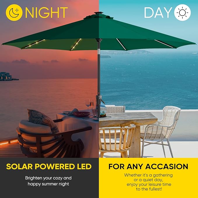 Tempera Solar Patio Umbrella 40 LED Lighted Outdoor Umbrella Table Market Umbrella with Push Button Tilt and Crank, Solar Umbrella with Sturdy Pole&Fade Resistant Canopy, Easy to Set