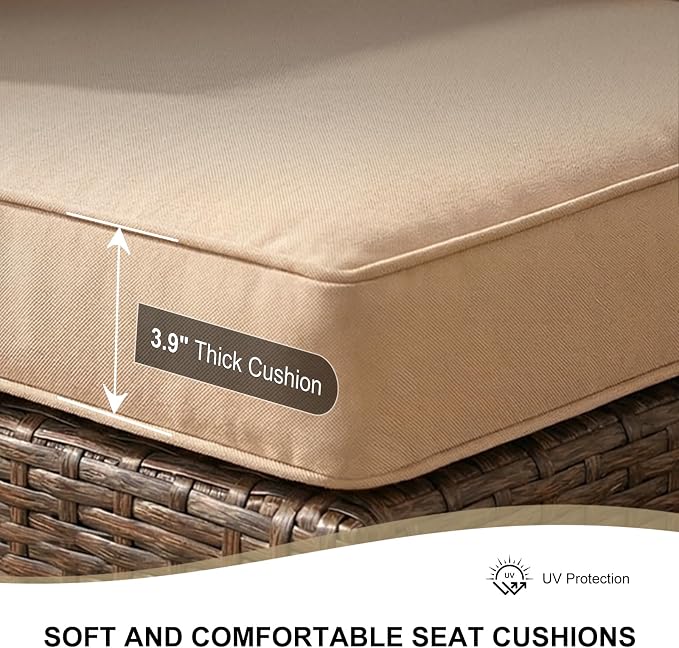 5 Pieces Patio Furniture Set with Glass Table, Outdoor PE Rattan Sectional Sofa with Soft Cushions for Backyard, Porch, and Poolside (Beige, 5 PCS w/Table)