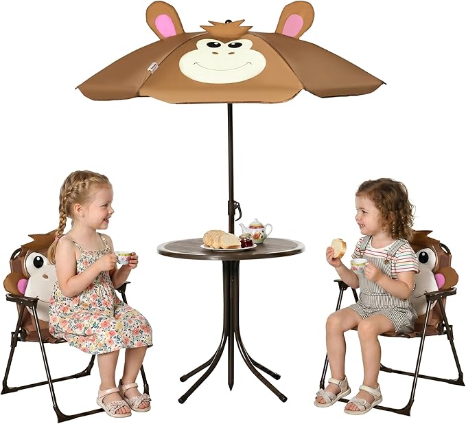 Outsunny Kids Table and Chair Set, Outdoor Folding Garden Furniture, Picnic Table for Patio Backyard, with Removable & Height Adjustable Sun Umbrella, Brown