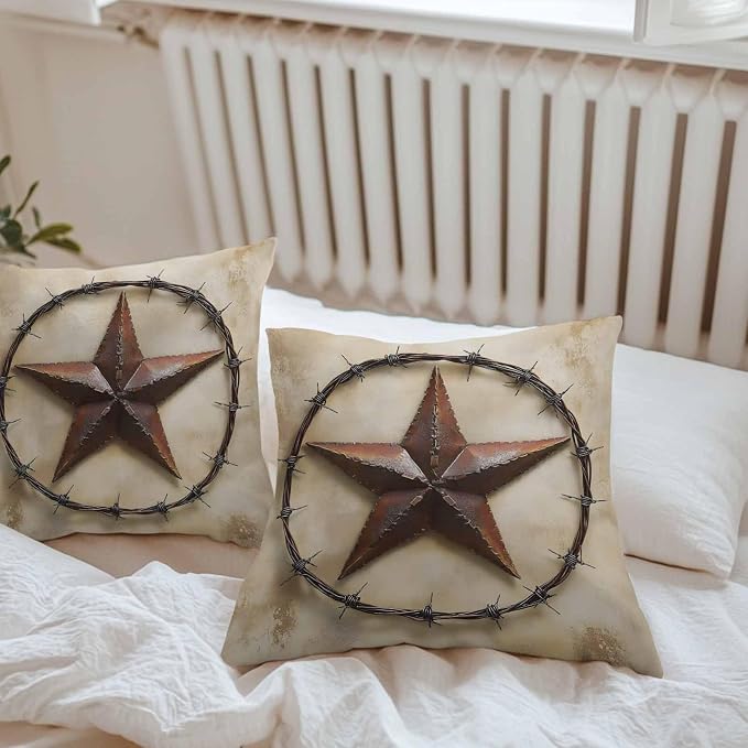 Country Star Retro Waterproof Outdoor Pillow Covers Set of 2 Home Decor, Farmhouse Western Aesthetic Art Pillowcase Patio Pillow Covers for Couch Bench Furniture Garden 26x26in