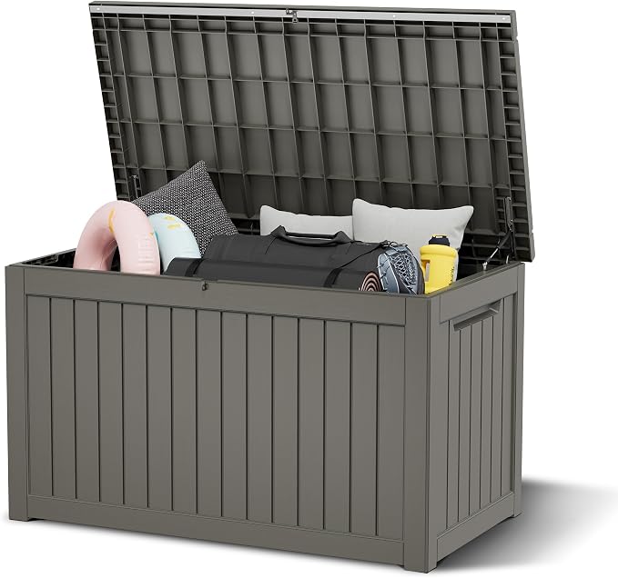 KAMABOKO 260 Gallon Outdoor Storage Box, Resin Deck Boxes Indoor and outdoor, Waterproof Storage Box Lockable Lid for Garden Tools, Package Delivery, Patio Cushions, Grey