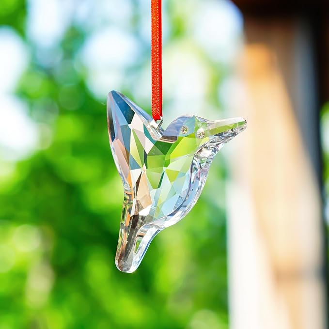 Clear Hummingbird Crystal Suncatchers 2 Pcs 3 Inch Rainbow Hanging Decor | Rainbow Glass Hummingbird Sun Catcher Hanging Pendants Crystal Prisms Set of 2 for Window Garden Home Christmas Decor
