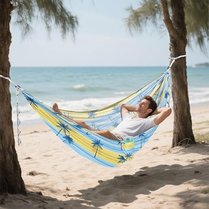 Camping Hammock Outdoor Hammocks for Outside Blue Stripe Palm Tree Beach Trees Portable Lightweight with Pockets Tree Straps Indoor