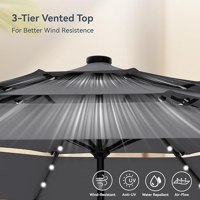 PHI VILLA 10ft Patio Umbrella with Light, Outdoor Large Auto-Tilt 3 Tier Market Table Umbrellas with 8 Sturdy Ribs and 1.5" Pole for Lawn Poolside Garden Terrace,Grey