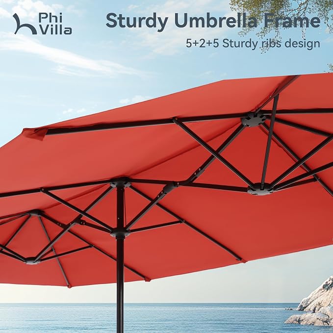 PHI VILLA 8 Piece Outdoor Dining Set with 13ft Patio Umbrella (Orange Red), 6 Patio Padded Swivel Dining Chairs & 1 Large Metal Dining Table for Lawn Garden Backyard (No Umbrella Base)