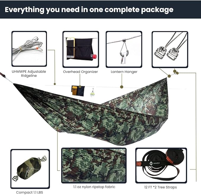 Onewind Camping Hammock, Ultralight Portable Hammock with Adjustable Ridgeline, Outdoor Hammock 20D Ripstop Nylon with 2 * 12Ft Tree Strap, Ideal for Camping, Hiking, Backpacking