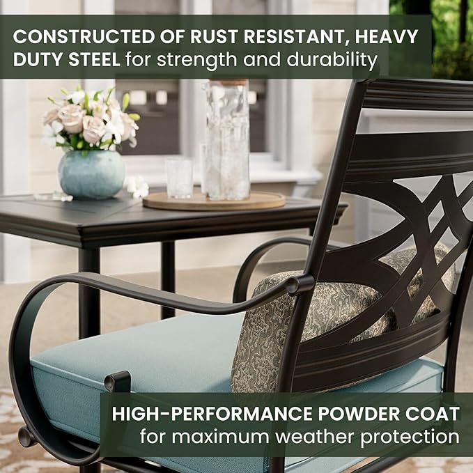 Hanover Montclair 3-Piece Outdoor Bistro Set with 2 Swivel Rocker Chairs with Comfortable Seat and Lumbar Cushions, 27" Square Stamped Rectangle Table, All-Weather Patio Conversation Set