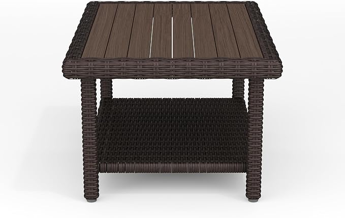Martha Stewart Bedford Indoor-Outdoor Patio Coffee Table with Lower Shelf, Faux Wood Top, and Rattan Wicker Finish in Brown