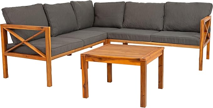 Sunnydaze 4-Piece Acacia Wood Patio Furniture Set - Edisto Outdoor Conversation Set - Wood Outdoor Furniture - Natural Gray