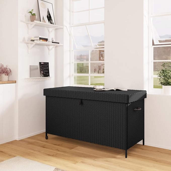 Grand patio SORIA 170-Gallon Deck Storage Box for Indoor and Outdoor Storage Wicker Storage Furniture for Patio Cushions, Garden Tools, Pool Accessories - Black