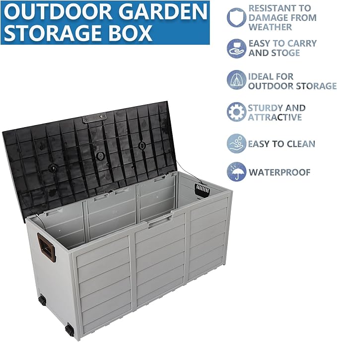 75 Gallon Waterproof Outdoor Deck Box with Wheels, Lockable Resin Patio Storage Container for Cushions, Garden Tools, Pool Accessories and Outdoor Supplies, Black Grey